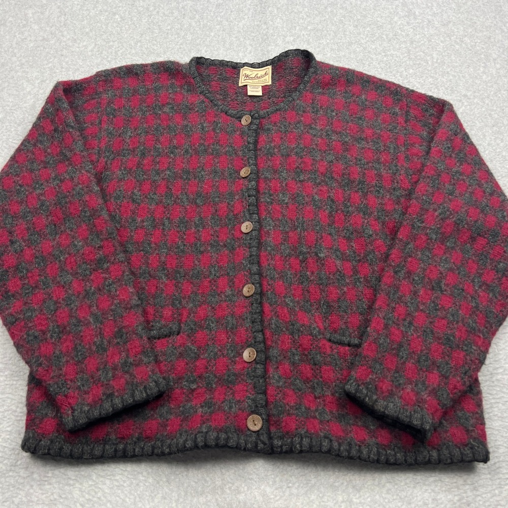 Woolrich Cardigan Women's Large Red Plaid 100% Wool Shaggy Button Front Sweater